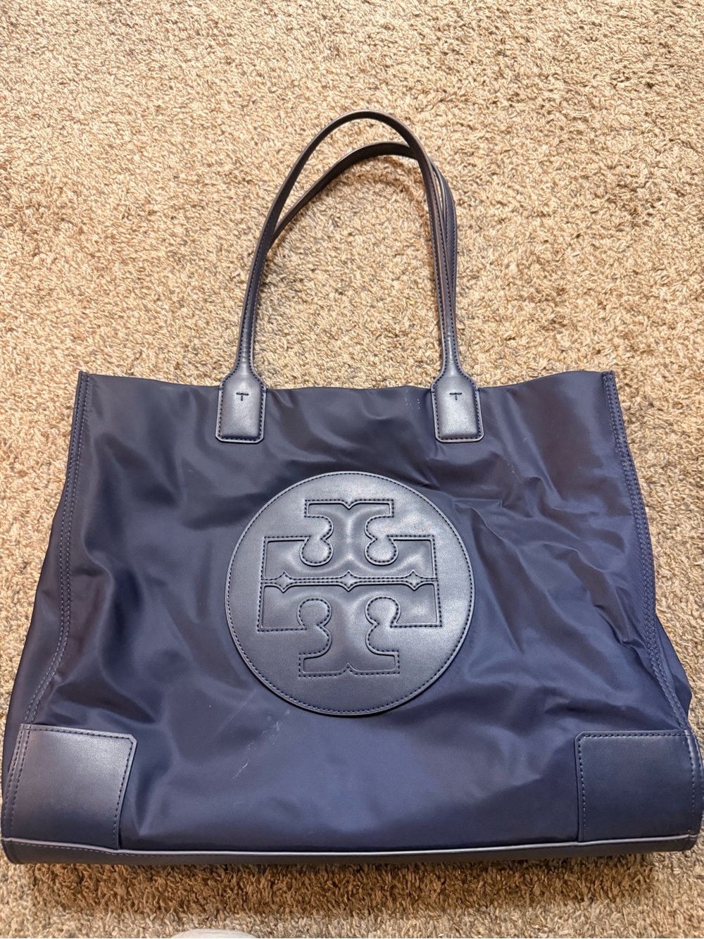Tory Burch Navy Nylon Logo Tote with Leather Trim